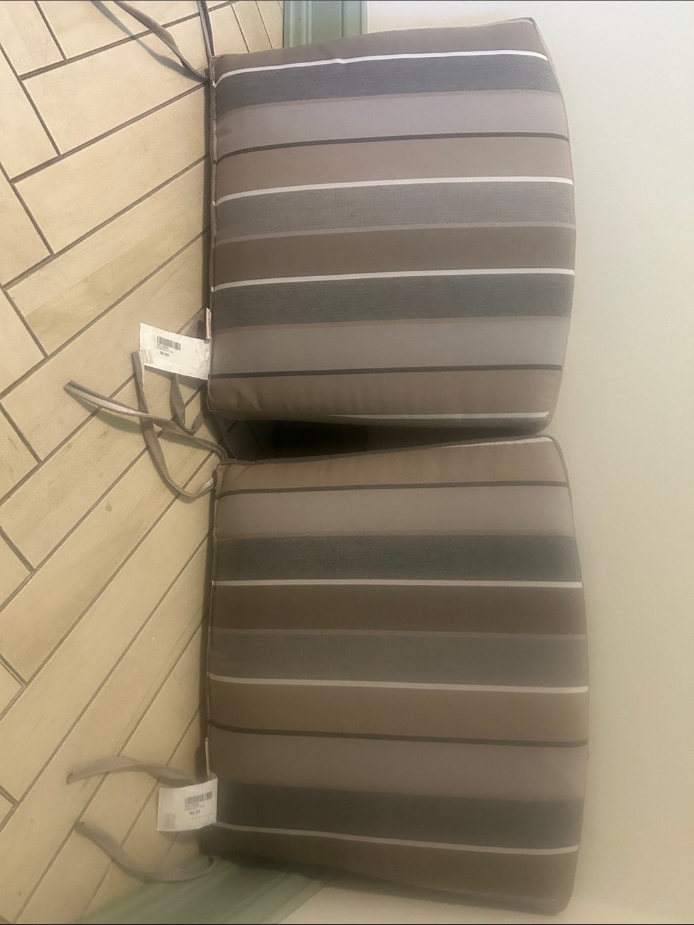 Striped Taupe and Gray Outdoor Accent Seat Cushions - Set of 6.    SUNBRELLA